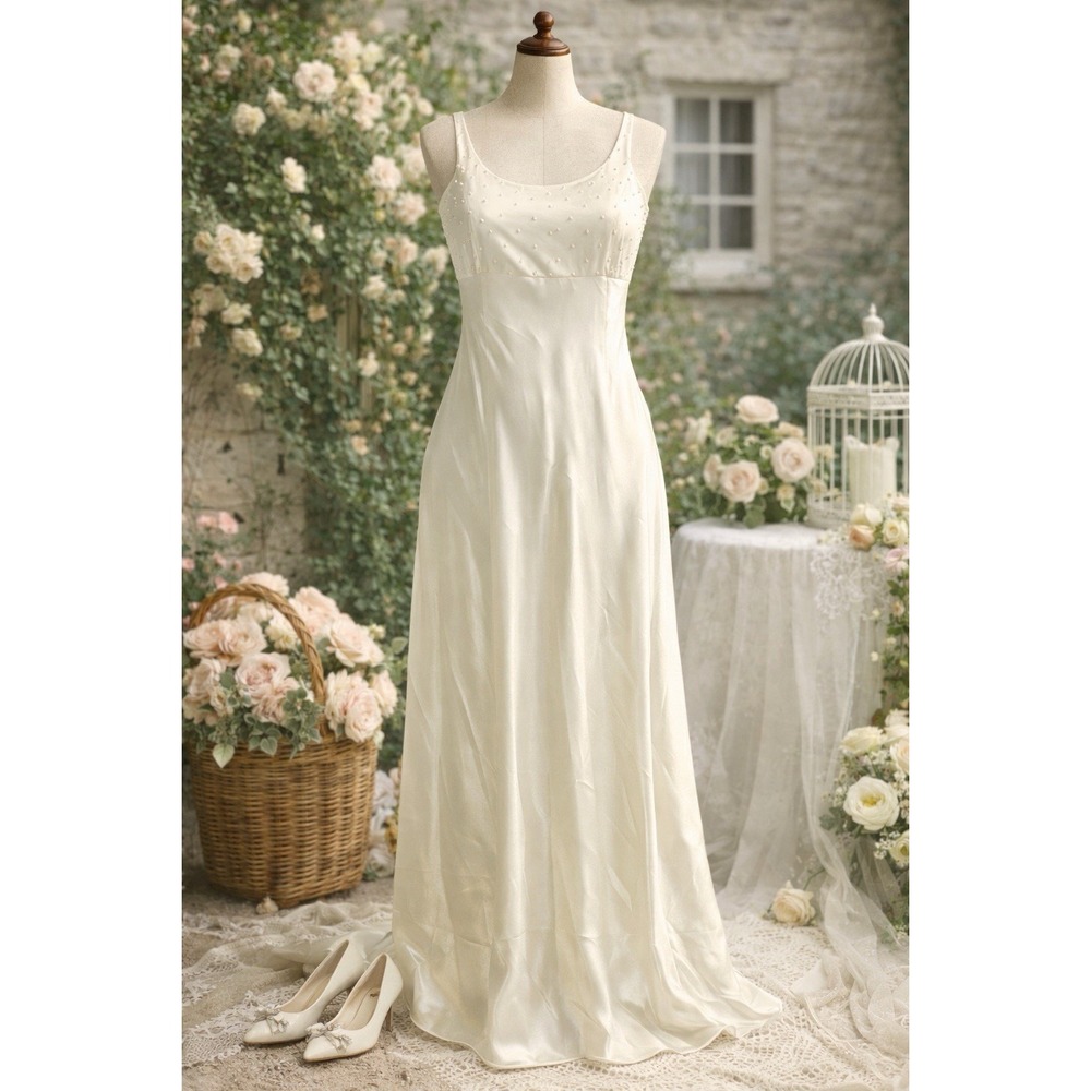 NWT‎  Vintage Victoria's Secret Pearl Satin Bridal Slip Dress Ivory Maxi Y2K Med - Picture 3 of 9